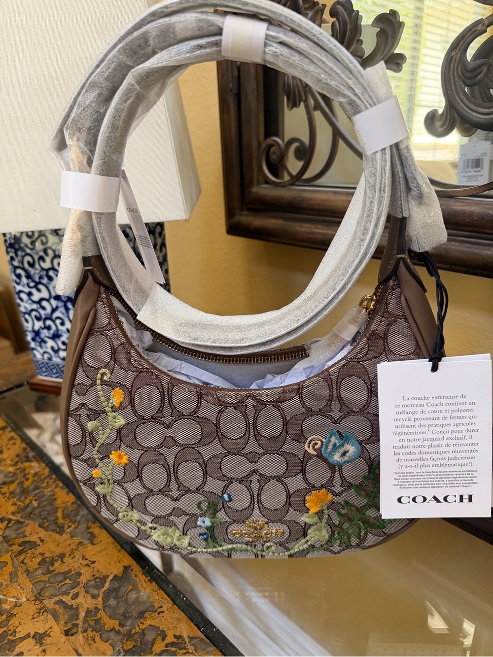 Coach Brown Signature Floral Embroidered Shoulder Bag